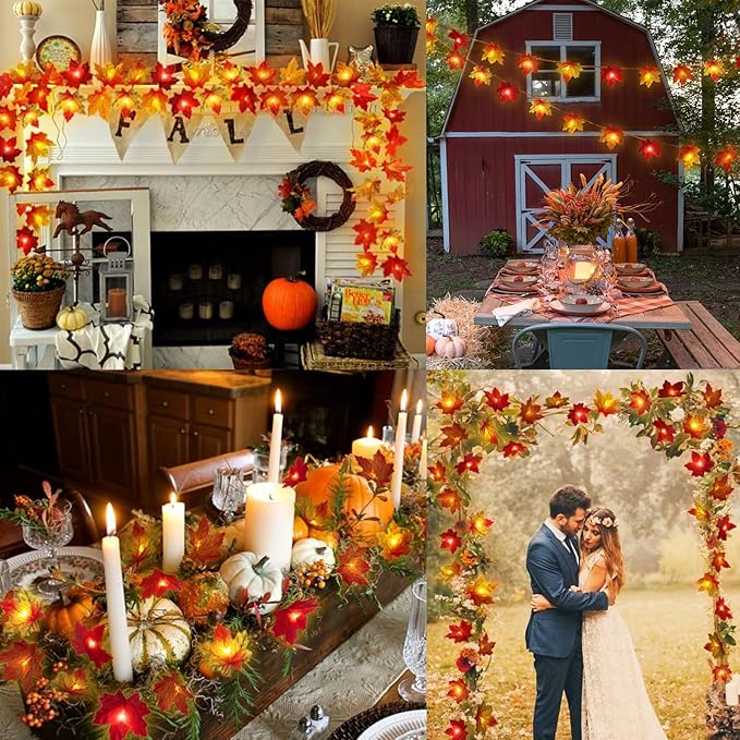 Fall Decor Multicolored Maple Leaf Lights, 10Ft 20LED Lights Battery Operated Fall Leaves Garland with Light Door Light String Home Decor Indoor Outdoor Halloween Thanksgiving Decorations