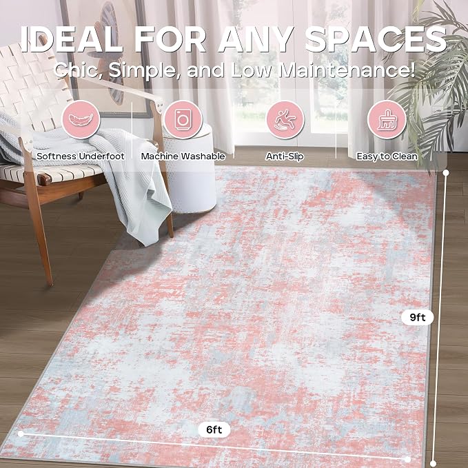 Aelenmu 6x9 Area Rugs for Living Room Bedroom Dining Room Washable Pink | Soft - Image 2