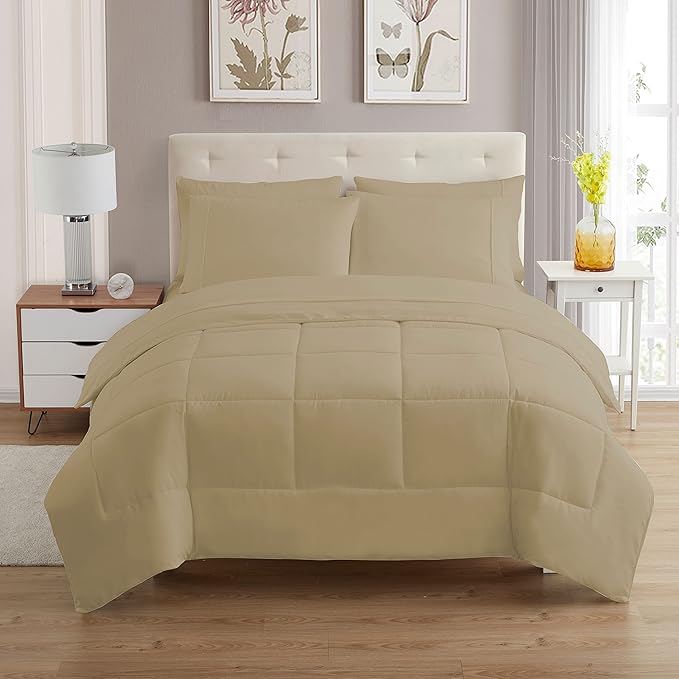 Sweet Home Collection 7 Piece Comforter Set Bag Solid Color All Season Soft Down Alternative Blanket & Luxurious Microfiber Bed Sheets, Taupe, Queen