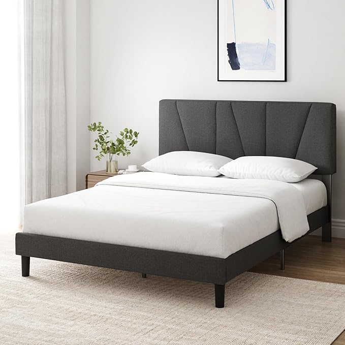 ZINUS Queen Maya Upholstered Bed Frame with Asymmetric Headboard, Durable Wooden Slats, Sturdy Framework, Noise Free Sleep, No Box Spring Needed, Easy Assembly, Eco Friendly Packaging, Dark Grey