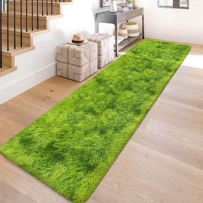 Tie-Dyed Runner Rug for Bedroom Green 2x10ft Fluffy Area Rug Bedside Runner Rug - Image 3