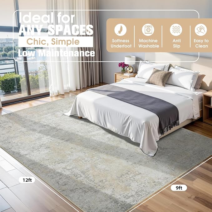 9x12 Area Rugs for Living Room Washable Bedroom Dining Room Beige Grey | Modern - Image 2