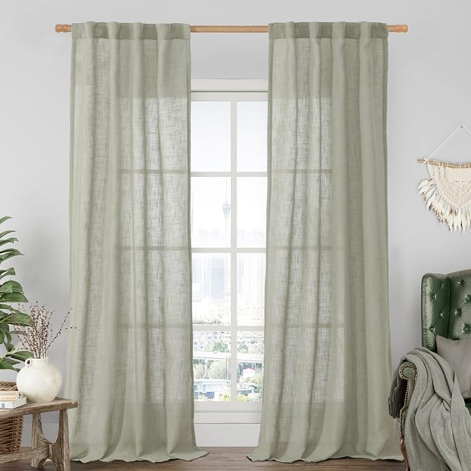 Sage Grey Linen Boho Sheer Curtains 84 inch Length 2 Panels | Light Filtering by LAMIT