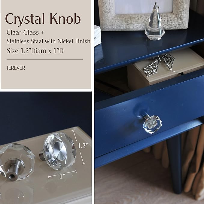JEREVER 2 Pack Glass Crystal Knobs Brushed Nickel Drawer Pull Cabinet Handle for Dresser Kitchen (Polygon)