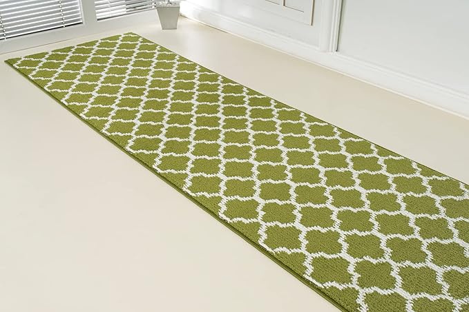 Custom Size Moroccan Trellis Runner Rug Mat for Wide Hallway Entryway Kitchen Laundry Room with Slip Resistant Latex Rubber Backing, Trellis Green, 31 inch X 15 feet