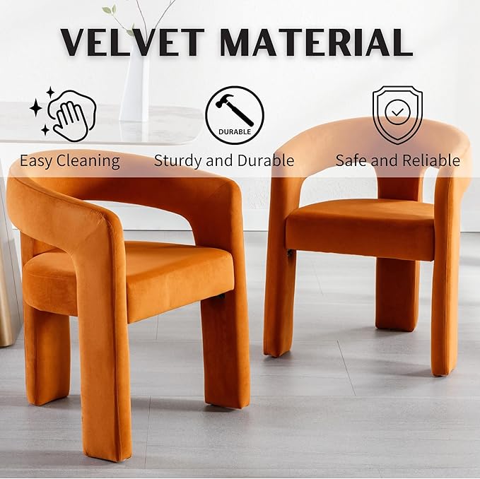 Modern Barrel Dining Chairs Set of 8, Velvet Upholstered Accent Side Chair with Arms Comfy Makeup Vanity Chairs, Dining Living Room Kitchen Chairs, Orange