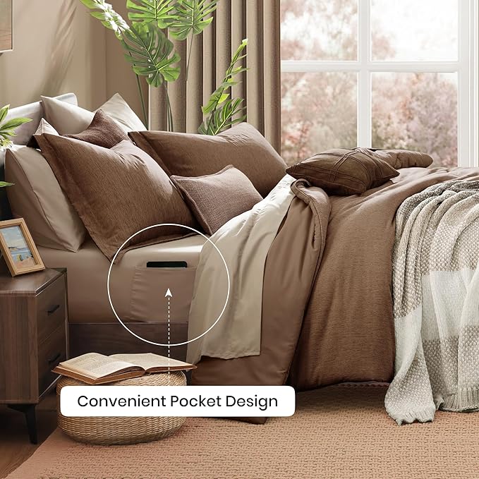 Monbix King Size Comforter Set, Brown King Bedding Set Reversible, King Comforter Set 7 Pieces, Cationic Dyeing Bed in a Bag with Comforter, Sheets, Pillowcases & Shams