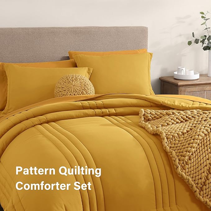Monbix Queen Comforter Set - 7 Pieces Bright Yellow Bed in a Bag Queen Bedding Sets with Comforters, All Seasons Down Alternative Comforter Bed Set with Sheets,Pillowcases & Shams