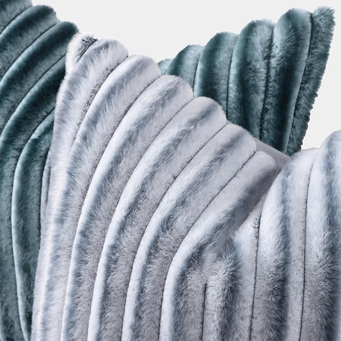 decorUhome Fall Faux Fur Throw Pillow Covers 16x16 Set of 2 Blue Grey | - Image 2