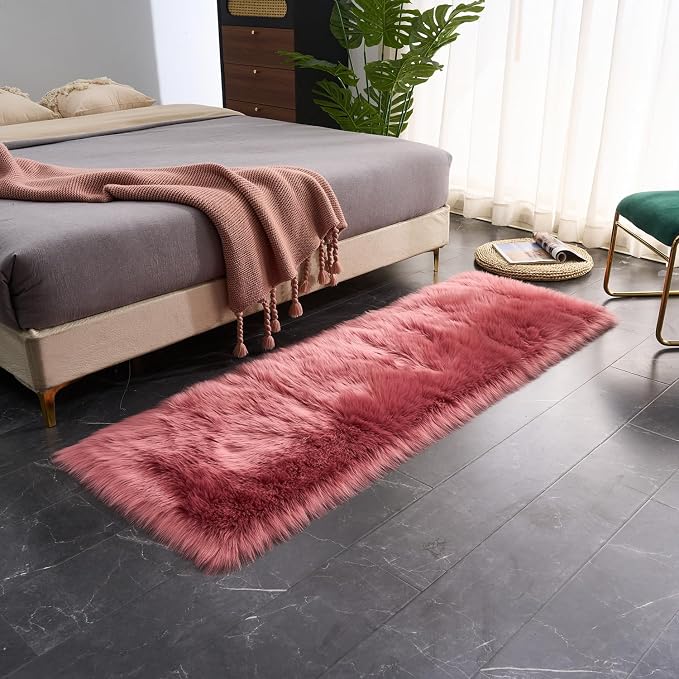 EasyJoy Ultra Soft Fluffy Faux Fur Rug, 2x6 ft Rectangle, Blush Pink | Chair - Image 4