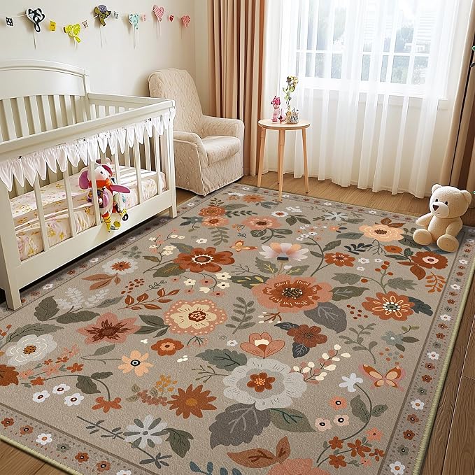 RELEANY Floral Washable 4x6 Area Rugs Brown/Brick | Flower Carpet Print Boho - Image 8