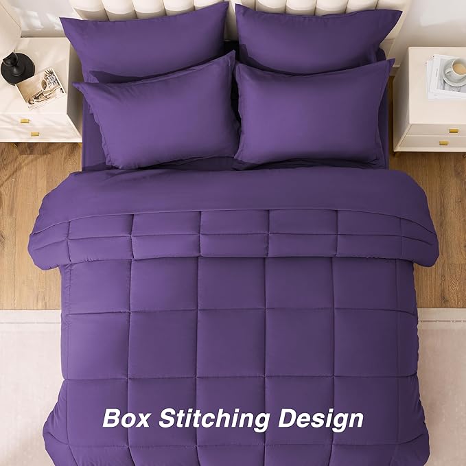 Love's cabin Queen Comforter Set Dark Purple, 7 Pieces Queen Bed in a Bag, All Season Bedding Sets with 1 Comforter, 1 Flat Sheet, 1 Fitted Sheet, 2 Pillowcase and 2 Pillow Sham