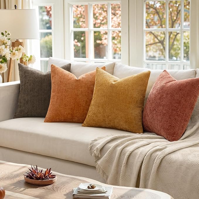 MIULEE Decorative Chenille Fall Pillow Covers Orange Brown 18x18 Pack of 4 | - Image 5