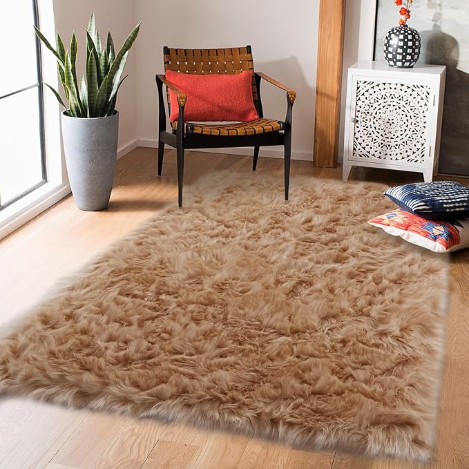duduta Beige Faux Sheepskin Fur Rug 3x5 ft, Fluffy Carpet Rug | Shag Fuzzy - Image 6