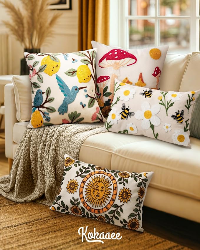 Embroidered Throw Pillow Cover 20x20 Inch, Bird Lemon | Decorative Pillow Cover - Image 6