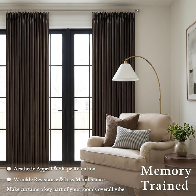 Dark Brown Linen Pleated Memory Shape Light Filtering Curtains 86 Inch Long | - Image 6