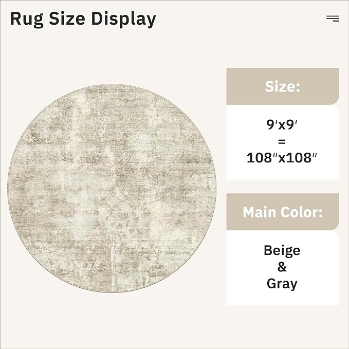Soalmost Round Rugs 9ft Living Room Circle Area Rug 9x9 Beige/Gray Vintage | - Image 5