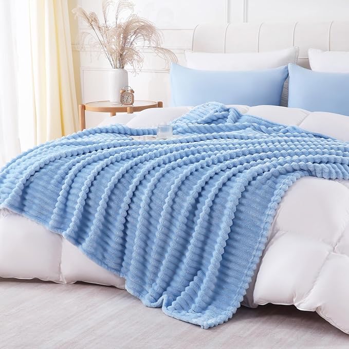 Light Blue Throw Blanket for Couch Sofa 90x90 inches Striped Design | Fleece by Unknown