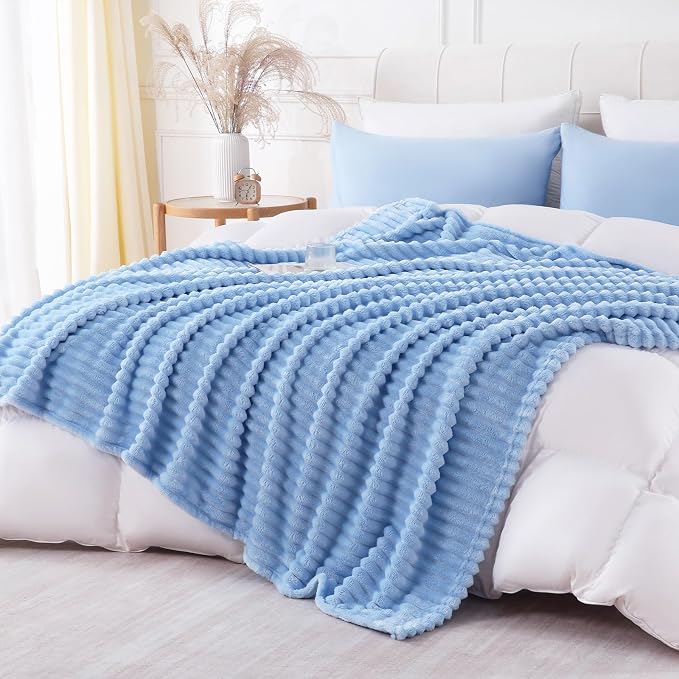 Light Blue Throw Blanket for Couch Sofa 50x70 inches Striped Design | Fleece - Image 5