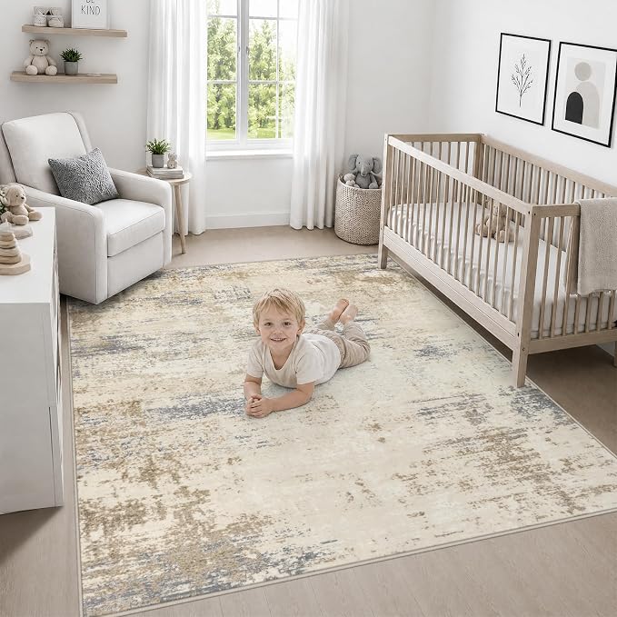 Area Rug Living Room: 5x5 Modern Washable Soft Carpet Beige Brown | - Image 5