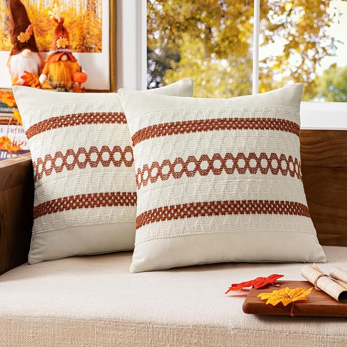 MIULEE Set of 2 Fall Burnt Orange Decorative Pillow Covers 18x18 | Farmhouse by MIULEE