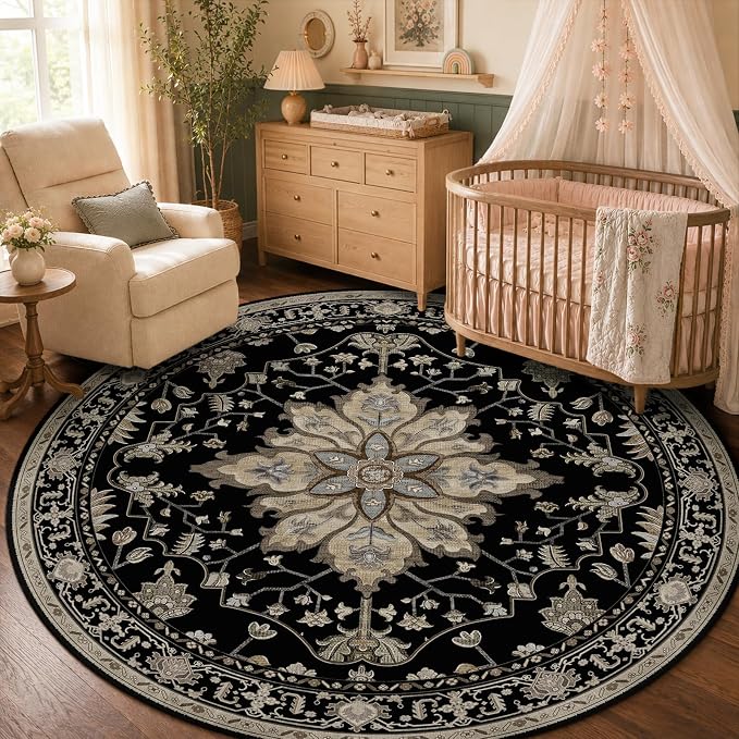 RELEANY Washable Area Rug, Round 5ft, Water Repellent, Pet Friendly, Vintage by RELEANY
