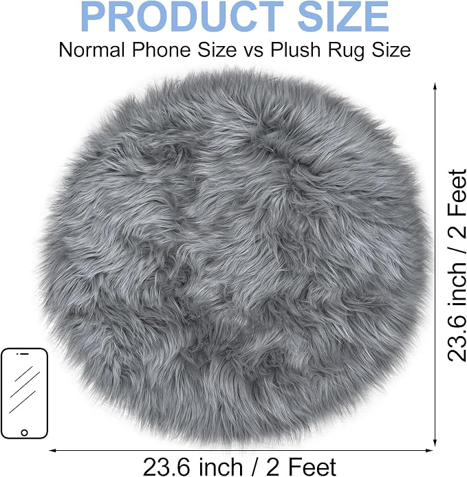 Grey Round Rugs for Bedroom, Fluffy Circle Rug 2 2 Feet for Kids Room, Furry - Image 2