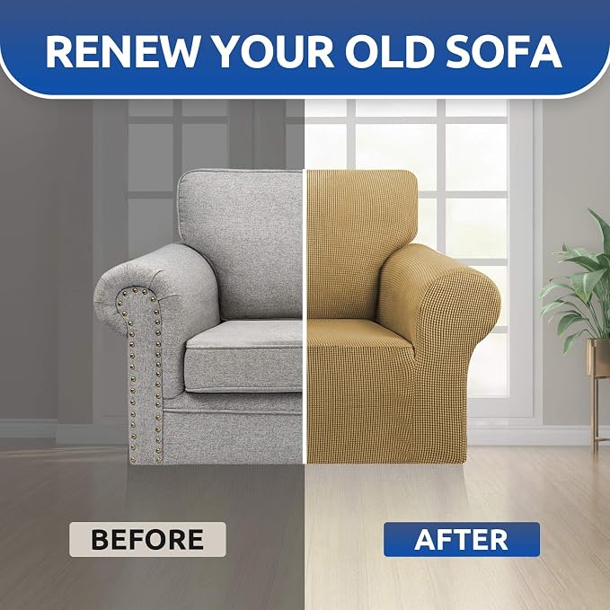 Stretch Chair Sofa Slipcover, Single Couch Cover, Tan | 1-Piece Washable Sofa - Image 7