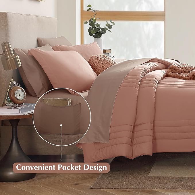 Monbix King Size Comforter Set - 7 Pieces Bed in a Bag King, Clay Pink Bedding Sets with Comforter, All Seasons Down Alternative Comforter Bed Set with Sheets, Pillowcases & Shams