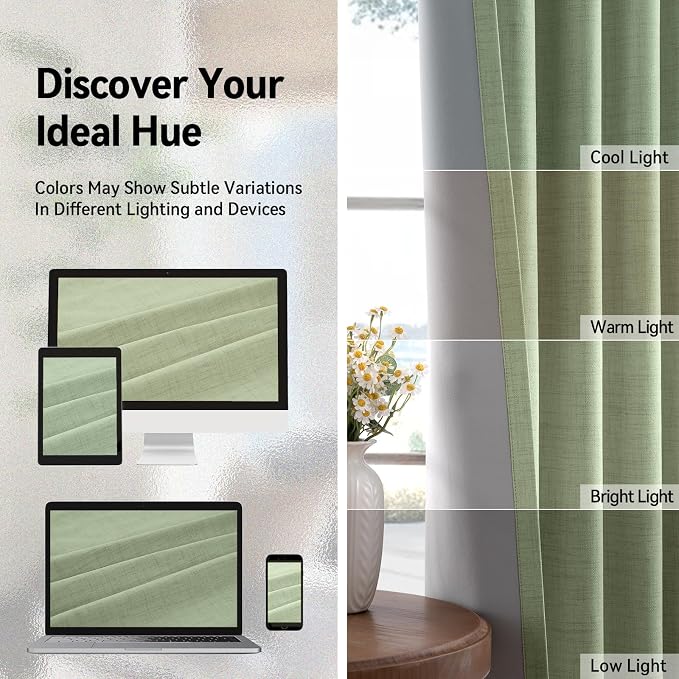 100% Blackout Linen Textured Curtains 80 Inch Long, Sage Green | 100% Blackout - Image 7