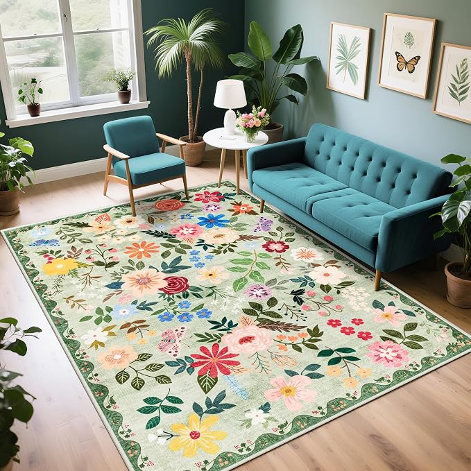 PLHXFR Area Rug Living Room: 4x6 Floral Washable Boho Soft Carpet Green | by PLHXFRSoftAreaRugs