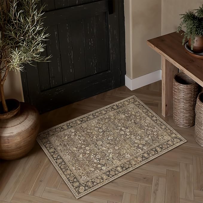2 Piece 2x3/2x6 Washable Rug for Entryway | Brown Vintage Floral, Low Pile by HUGEAR