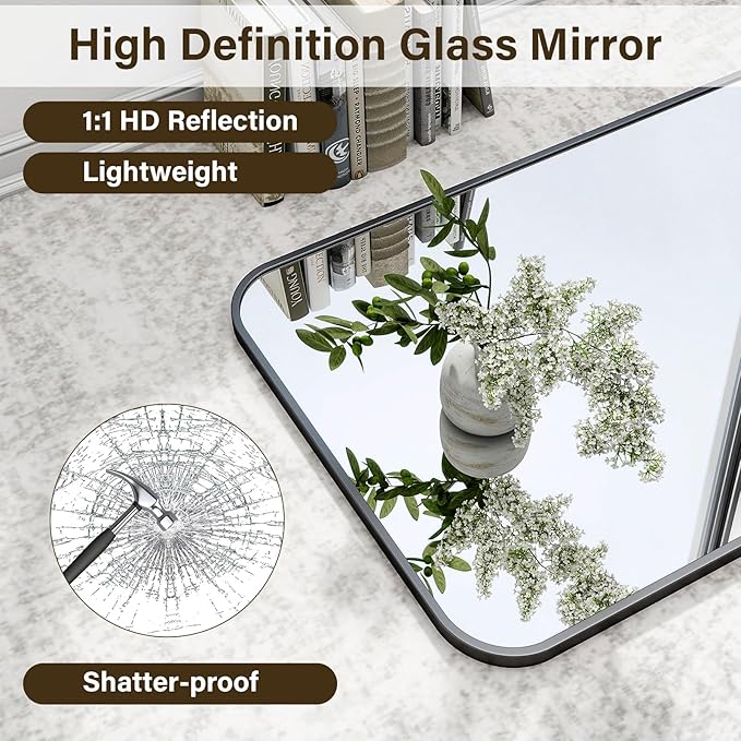 HARRITPURE Rectangular Bathroom Mirror 48''x30'' Black Bathroom Wall Mirror Aluminum Frame Wall-Mounted Mirrors for Entryway Bedroom Living Room