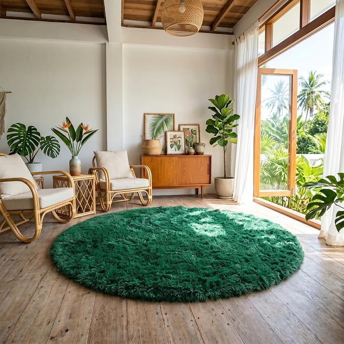 Amdrebio Dark Green Round Fuzzy Rug 4Ft - Image 6