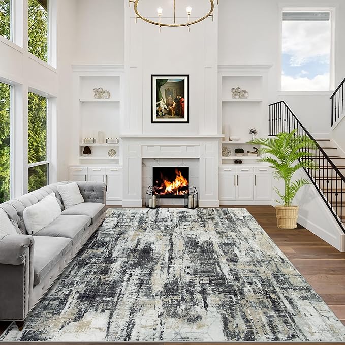 10x14 Area Rugs for Living Room: Washable Abstract Black Grey Gold Carpet | by GENTDRIZZ