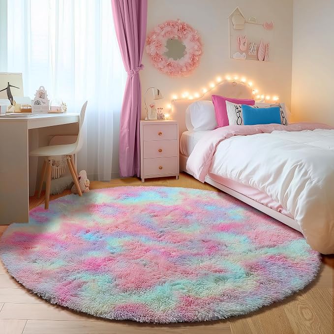 Rainbow Round Area Rugs 5ft, Soft Bedroom Circle Rug Mats by ONASAR