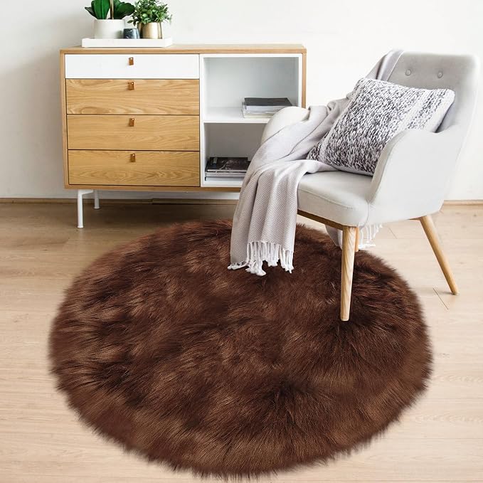 3ft Small Round Brown Rug, Thick Furry Fluffy Carpet - Image 5