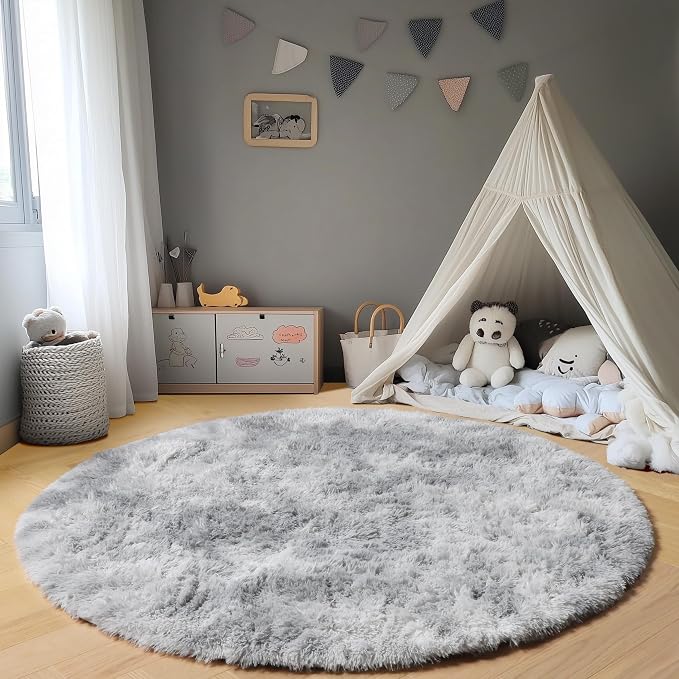 Tie-Dyed Light Grey Round Area Rug 4ft, Ultra Soft Bedroom Circle Rugs - Image 5