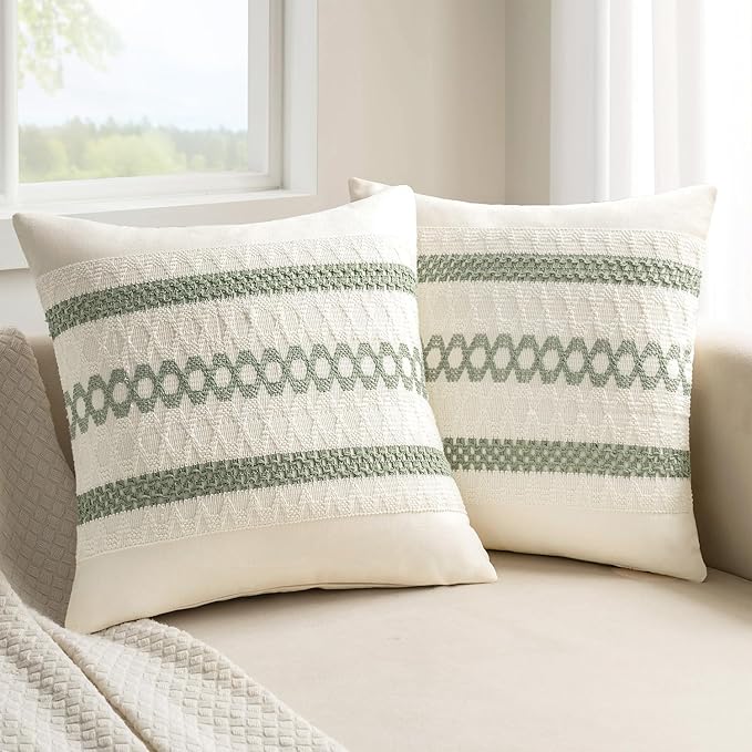 MIULEE Set of 2 Sage Green Boho Decorative Pillow Covers 22x22 Inch | Farmhouse by MIULEE