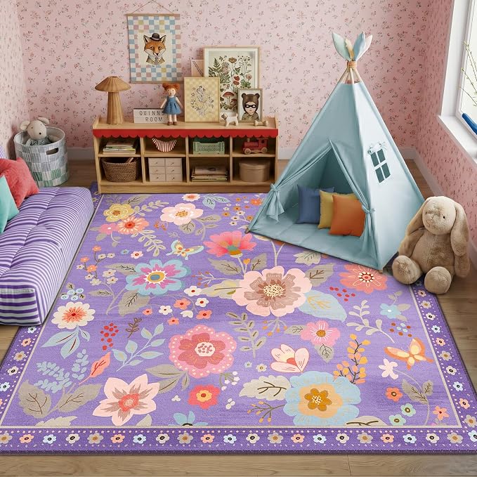 RELEANY Floral Washable Square 6ft Area Rug Purple/Pink | Flower Carpet Print - Image 6