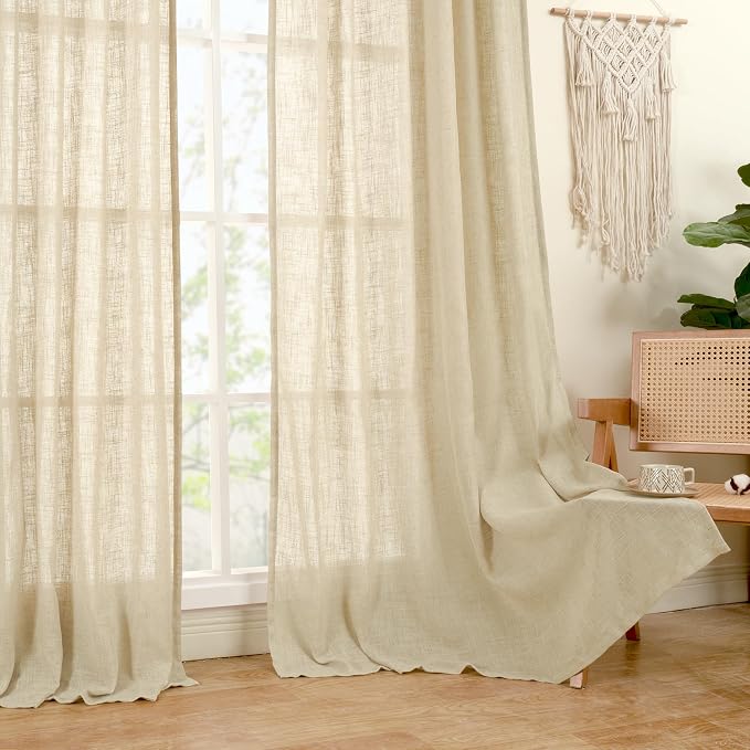Natural Linen Blended Curtains for Living Room 2 Panels Semi Sheer | Light - Image 9