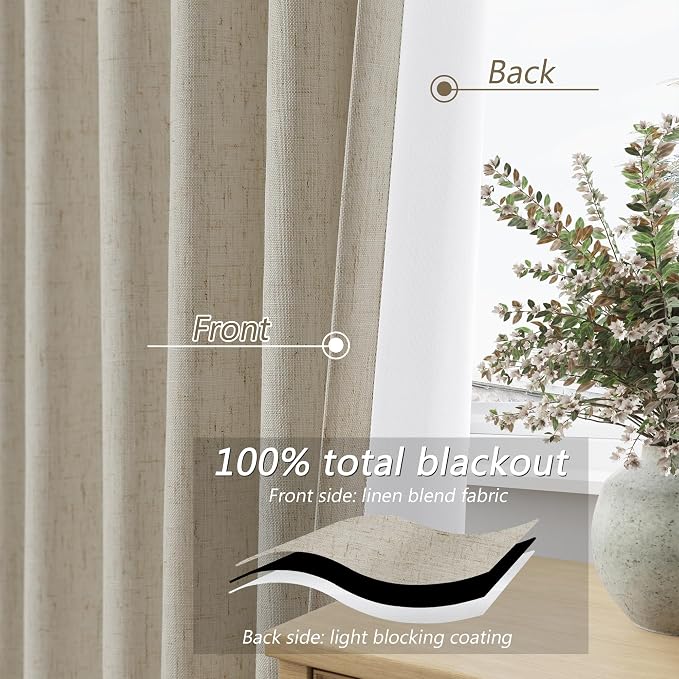 100% Blackout Linen Curtains for Bedroom 96 inches Long 8 FT, Thermal Insulated - Image 4