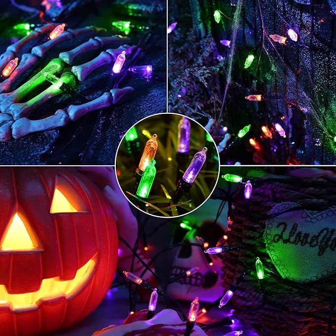 Orange & Purple & Green Halloween Lights, 2 Pack 33ft 100 LED Halloween Decoration Lights Waterproof 8 Modes Battery Operated String Light for Outdoor & Indoor,Tree, Wreaths, Holiday, Party Decor