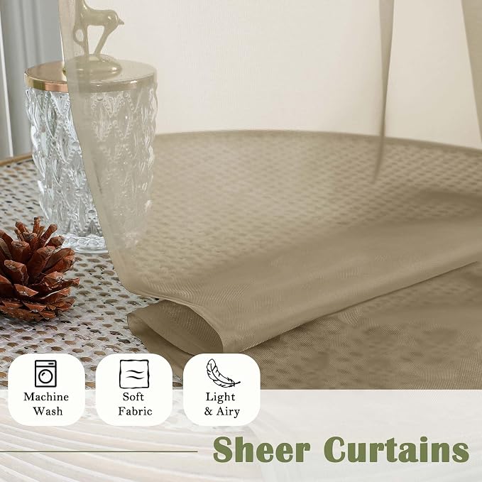 Taupe Sheer Curtains 63 Inch Length 2 Pcs, Light Filtering Rod Pockets Window - Image 4