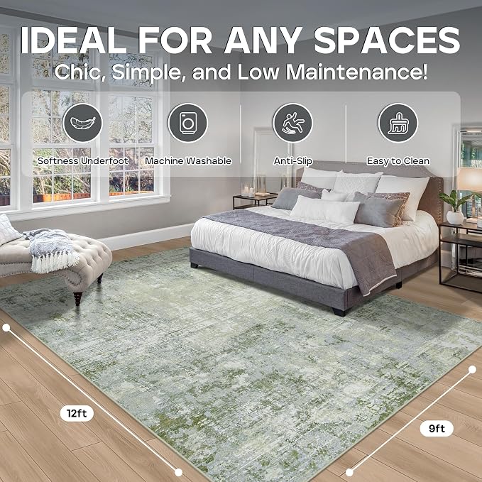 Aelenmu 9x12 Area Rugs for Living Room Bedroom Dining Room Washable Green | - Image 2