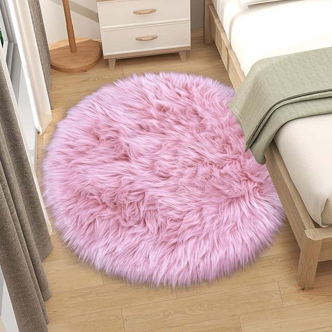 4 Ft Fluffy Round Pink Rugs for Bedroom Girls, Plush Faux Sheepskin Fur Rug for - Image 3