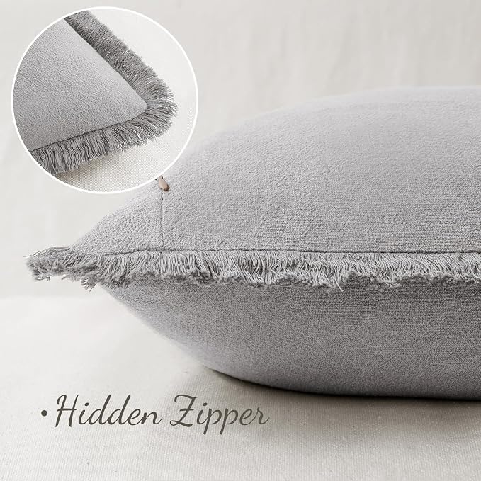 MIULEE Boho Linen Fringe Decorative Throw Pillow Covers Light Grey 18x18 | Set - Image 3