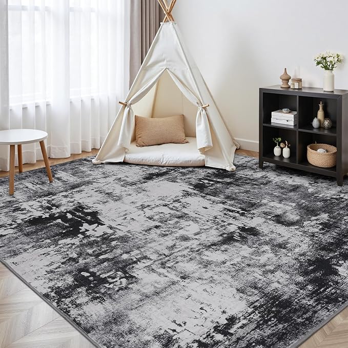Rugflix 5x8 Area Rugs for Living Room, Washable Black Grey Dark Large Rug | - Image 8