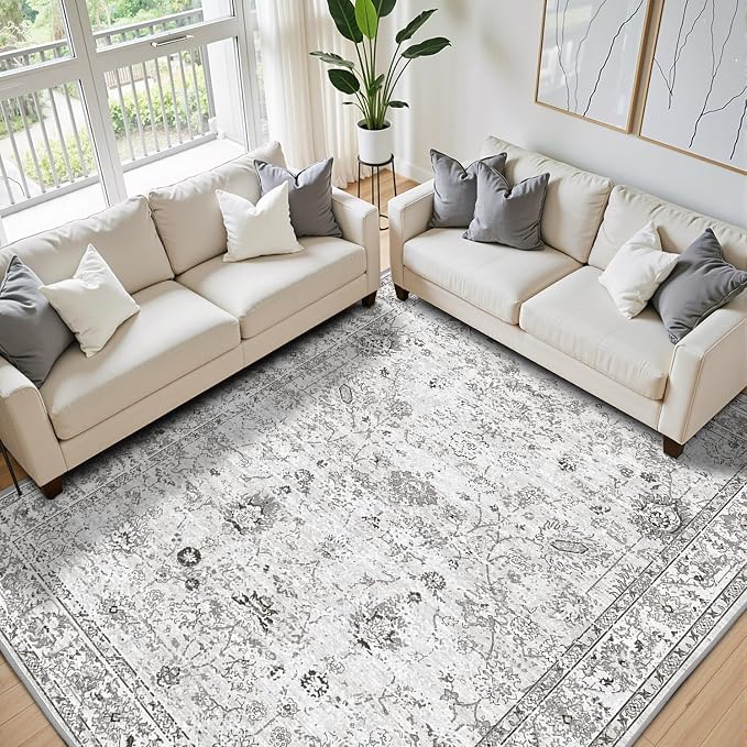 Grey Floral Area Rug 8x10 for Living Room Bedroom | Non Slip; Stain Resistant; - Image 2