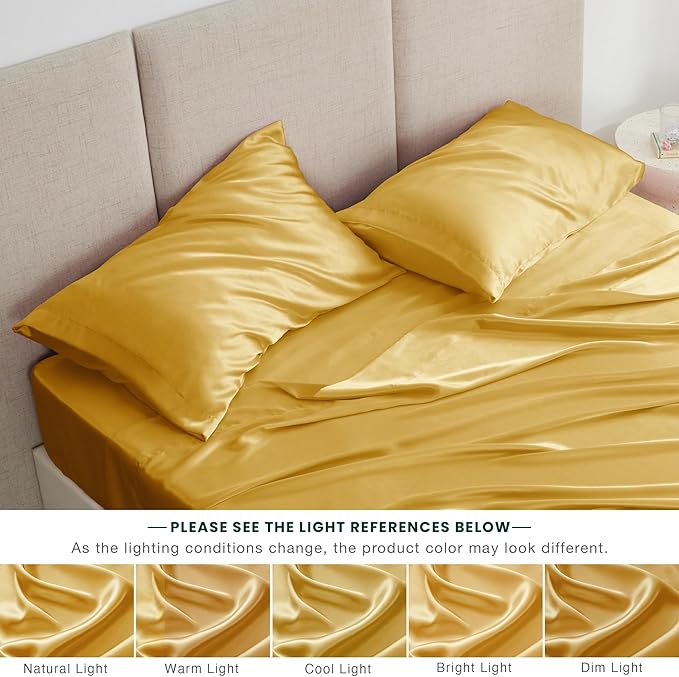 Love's cabin 4Piece California King Satin Bed Linen Set, Gold Silky Satin Sheets, Deep Pocket, Luxury Silk Feel, 1 Flat, 1 Fitted Sheet, 2 Pillow Cases